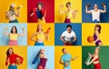 Collage made of portrait of different people of diverse age and gender posing, training, doping exercises over