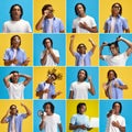 Collage made of portrait of young african man showing diversity of emotions against yellow and blue background Royalty Free Stock Photo