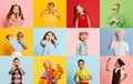 Collage made of portraits of cute boys and girls, children posing with diverse emotions, having fun over multicolor