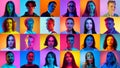 Collage made of portraits different people, men and women with serious expression looking at camera against multicolored Royalty Free Stock Photo