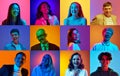 Collage made of portraits of different young people, men and women smiling against multicolored background in neon light Royalty Free Stock Photo