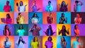 Collage made of portraits of diverse young people with gadgets and astonished faces over multicolor background in neon