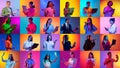 Collage made of portraits of diverse young people with gadgets, communicating, studying over multicolor background in