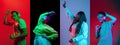 Collage made of portraits of group of meltiethnic people dancing isolated on multicolored background in neon light