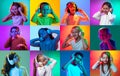 Collage made of portraits of little boys and girls, children listening to music in headphones on multicolored background Royalty Free Stock Photo