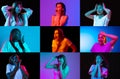 Collage of made of portraits of surprised, shocked girls isolated on colored backgorund in neon light. Concept of Royalty Free Stock Photo