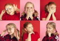 Collage made of portraits of two little kids, girls isolated on red studio background. Education, human emotions, facial