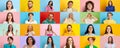 Collage made of portraits of young people, men and women smiling over multicolored background. Happiness, success Royalty Free Stock Photo