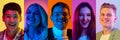 Collage made of portraits of young people, men and women smiling over multicolored background in neon. Happiness Royalty Free Stock Photo