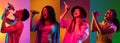 Collage of made of singing man and girls isolated on colored backgorund in neon light. Concept of equality, unification Royalty Free Stock Photo