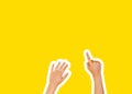 Collage in magazine style and pop art style. Hands pointing a finger on yellow background