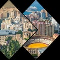Collage of of Malaga with bullring and harbor. Spain Royalty Free Stock Photo