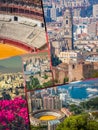 Collage of of Malaga with bullring and harbor. Spain Royalty Free Stock Photo