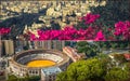 Collage of of Malaga with bullring and harbor. Spain Royalty Free Stock Photo