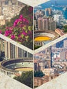 Collage of of Malaga with bullring and harbor. Spain Royalty Free Stock Photo
