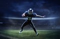 Collage with male american football player in sports equipment at stadium in motion. Action, activity, sportlife concept