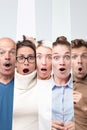 Collage of male and female looking with wide eyed expression being horrified to find out bad news Royalty Free Stock Photo