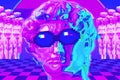 Collage with man face of antique sculpture in pixel glasses. Vaporwave style. Modern creative image with head ancient