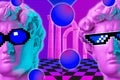 Collage with man face of antique sculpture in pixel glasses. Vaporwave style. Modern creative image with head ancient