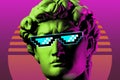 Collage with man face of antique sculpture in pixel glasses. Vaporwave style. Modern creative image with head ancient