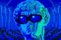 Collage with man face of antique sculpture in pixel glasses. Vaporwave style. Modern creative image with head ancient