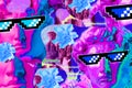 Collage with man face of antique sculpture in pixel glasses. Vaporwave style. Modern creative image with head ancient