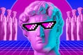 Collage with man face of antique sculpture in pixel glasses. Vaporwave style. Modern creative image with head ancient