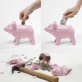 Collage of man saving money into piggybank for retirement