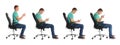 Collage of man sitting on chair and using mobile phone against white background