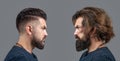 Collage man before and after visiting barbershop, different haircut, mustache, beard. Male beauty, comparison. Shaving