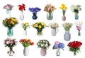 Collage with many beautiful bouquets and flowers in different vases on white background Royalty Free Stock Photo