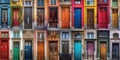 Collage of many different colourful front doors to houses