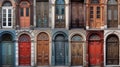 Collage of many different vintage front doors to houses with arches