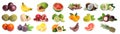 Collage with many fresh exotic fruits on white background Royalty Free Stock Photo