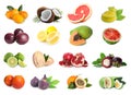 Collage with many fresh exotic fruits on white background Royalty Free Stock Photo