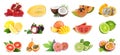 Collage with many fresh exotic fruits on white background Royalty Free Stock Photo