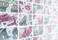 A collage of many images of hundreds of dollars and euro bills l