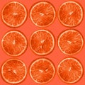 Collage of many photos round slice grapefruit, orange with a seed on an orange background, close-up, copy space, seamless texture Royalty Free Stock Photo