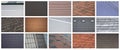 A collage of many pictures with fragments of various types of roofing close up. A set of images with roof coating textures