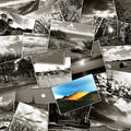 Collage of many pictures lying in a heap