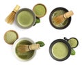 Collage with matcha tea in bowls, whisks and green powder on white background, top view