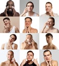 Collage. Men of different age and nationality taking care after skin, shaving, moisturising over light studio background