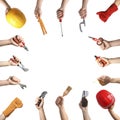 Collage of men holding construction tools on background. Space for design Royalty Free Stock Photo