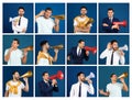 Collage of men with megaphones on background