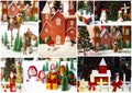 Collage Merry Christmas greeting card. Christmas background with Christmas tree and snowman Royalty Free Stock Photo