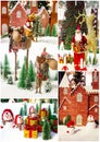 Collage Merry Christmas greeting card. Christmas background with Christmas tree and snowman Royalty Free Stock Photo