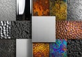 A collage of metal surfaces features diverse textures and finishes. Royalty Free Stock Photo