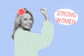 Collage metaphor illustration of smiling attractive woman wear shirt show her biceps strength support rights isolated on