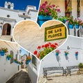 Collage of Mijas with bullring and harbor. Spain Royalty Free Stock Photo