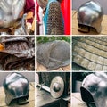 Collage of military ammunition middle ages vertical helmet, shield and sword and chain mail